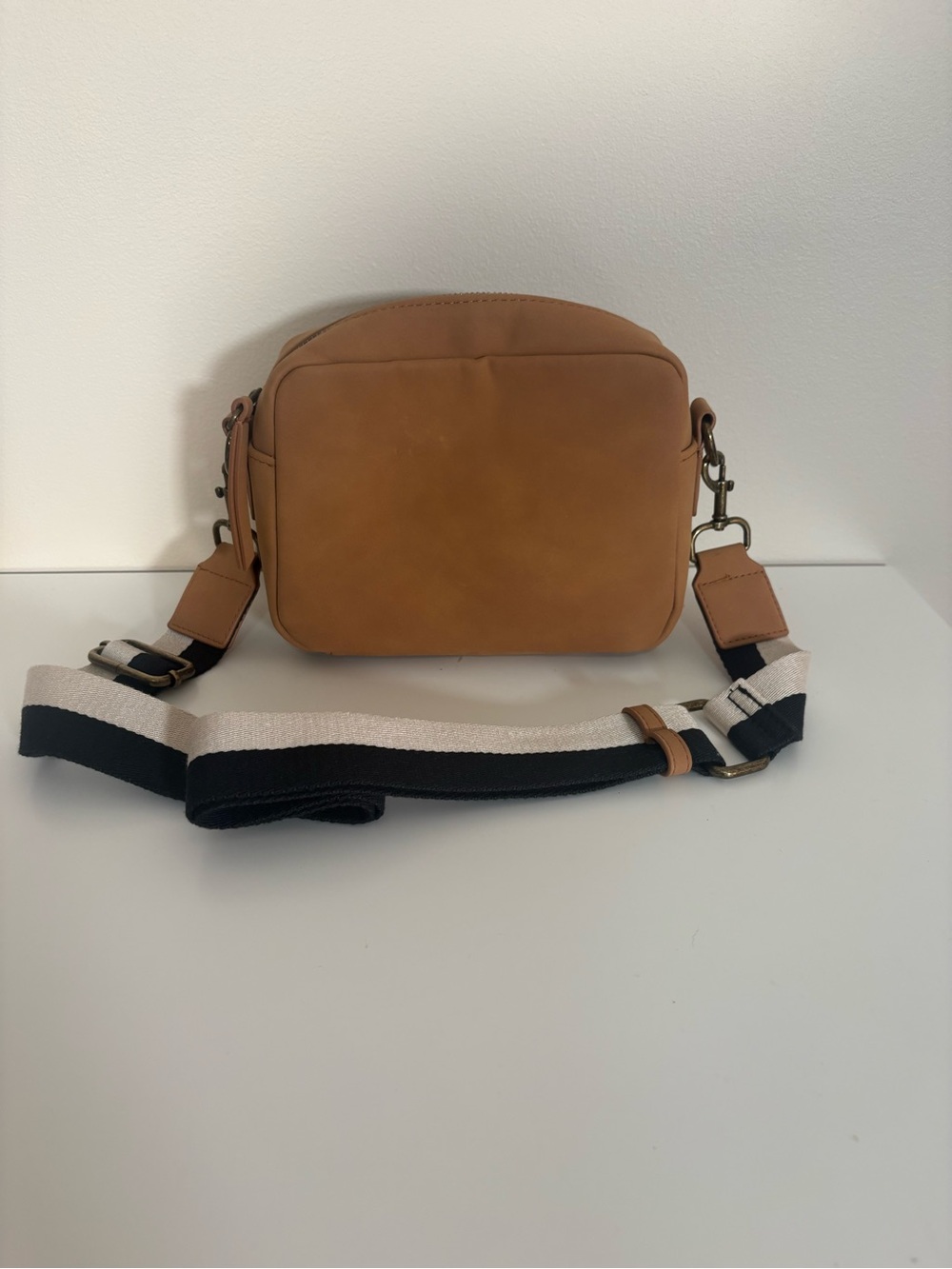 Everyday Tan Leather Crossbody with Striped Removable Strap